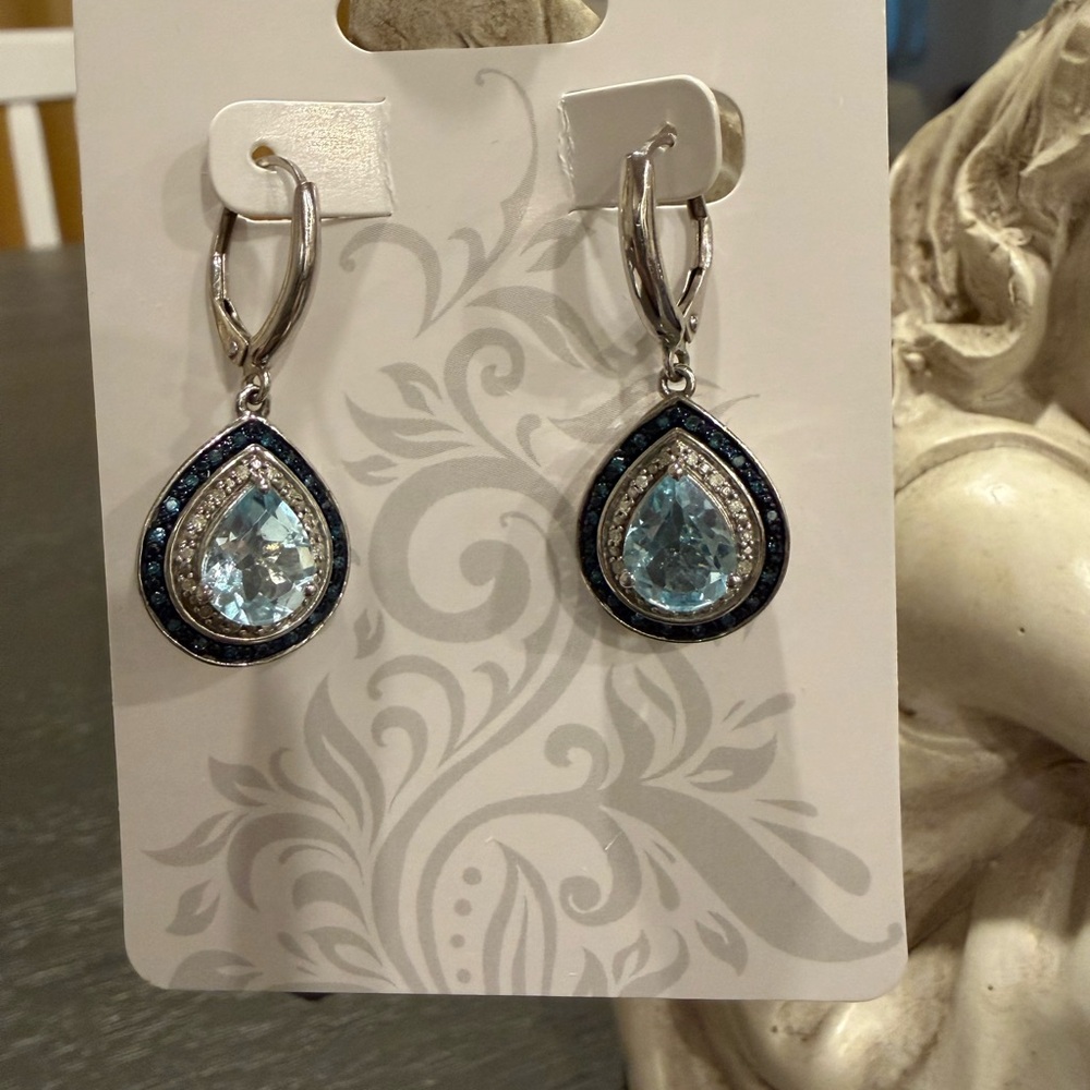 Blue Topaz and White Diamond Teardrop Dangle Earrings